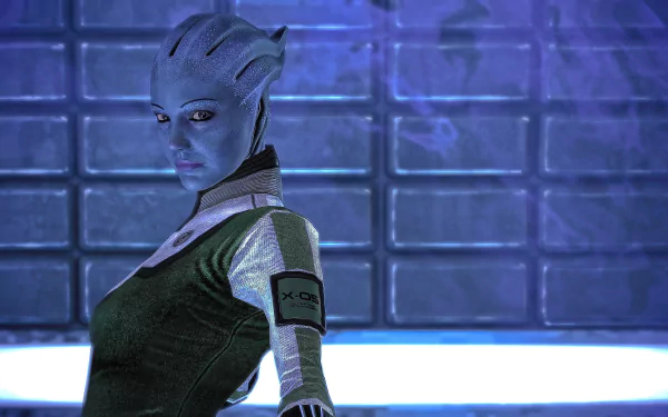 Mass Effect video game Asari with blue skin and armor, lit by neon blue light against a tiled sci‑fi wall — 4K Ultra HD PC desktop wallpaper/background