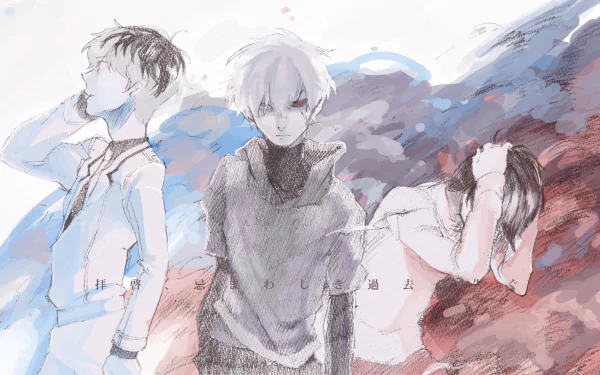 HD desktop wallpaper featuring Ken Kaneki and Haise Sasaki from Tokyo Ghoul:re. The artwork portrays the characters in an ethereal style with muted colors and abstract backgrounds.