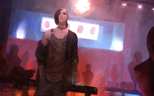 HD desktop wallpaper featuring Uta from Tokyo Ghoul:re. The anime character with black hair, piercing, jacket, necklace, and red eyes stands in a dimly lit setting, showcasing tattoos.
