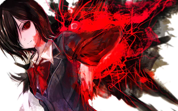 HD desktop wallpaper featuring Touka Kirishima from the anime Tokyo Ghoul, depicted with vibrant red and black artistic effects.