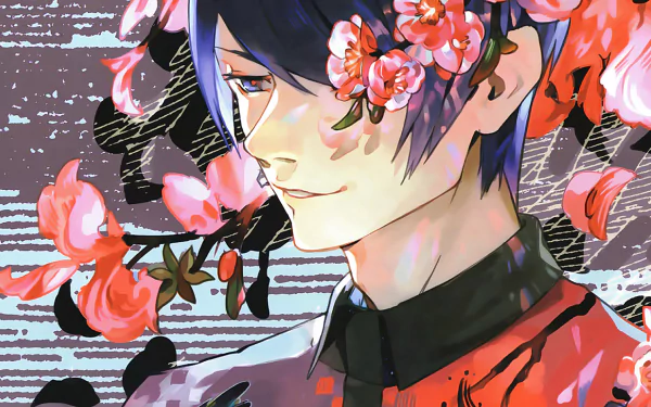 An HD desktop wallpaper featuring Shū Tsukiyama from Tokyo Ghoul, adorned with vibrant flowers and a serene expression, showcasing the blend of beauty and complexity in the anime.