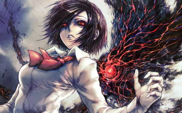 Anime HD wallpaper featuring Touka Kirishima from Tokyo Ghoul, with short hair, red eyes, a white shirt and red tie, and a Kagune emerging from her back.