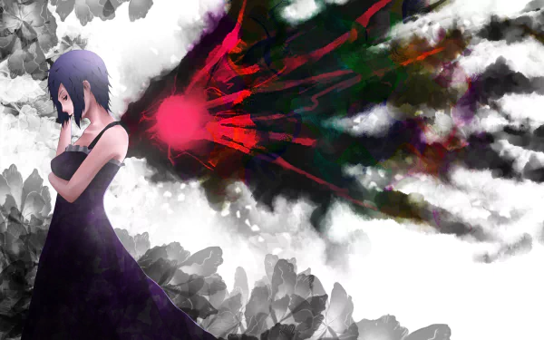 A striking HD wallpaper featuring Touka Kirishima from Tokyo Ghoul, showcasing her in a dark dress with a vivid, colorful explosion of energy behind her amidst a cloudy backdrop.