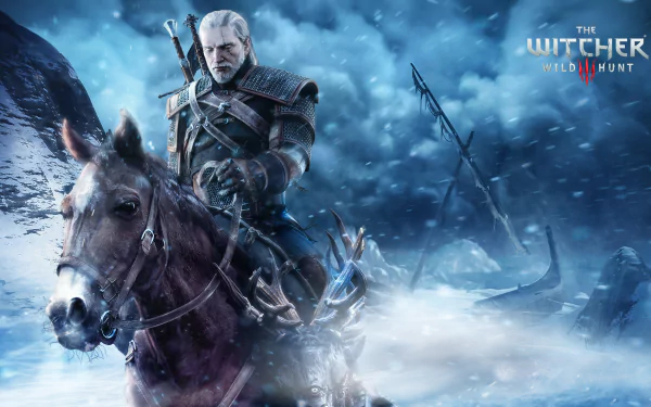 HD desktop wallpaper featuring Geralt of Rivia on horseback in a snowy landscape from The Witcher 3: Wild Hunt video game.