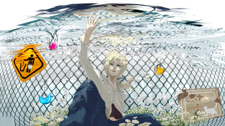 Len Kagamine, a popular anime Vocaloid character, is depicted rising through shimmering water, surrounded by colorful elements and a chain-link fence, creating a captivating HD wallpaper.