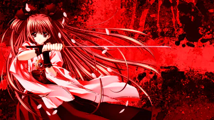 A red-haired woman warrior with long hair and red eyes brandishes a sword against a striking red background in this original anime HD wallpaper.