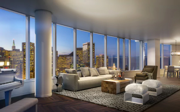 Modern man-made room featuring floor-to-ceiling windows with city skyline views, furnished with neutral sofas, a piano, and stylish decor in an HD PC desktop wallpaper setting.