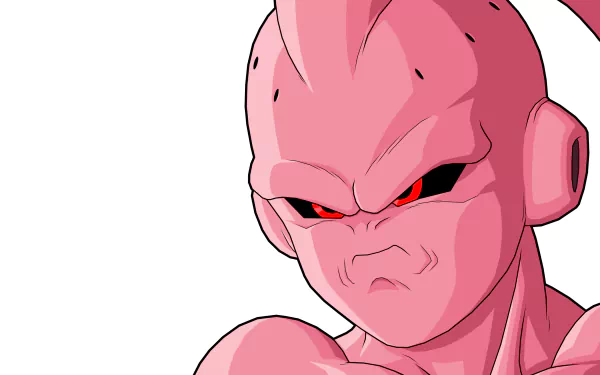 Majin Buu from Dragon Ball Z, characterized by his pink skin and menacing expression, stands prominently in this HD anime wallpaper, showcasing his iconic design and fierce demeanor.