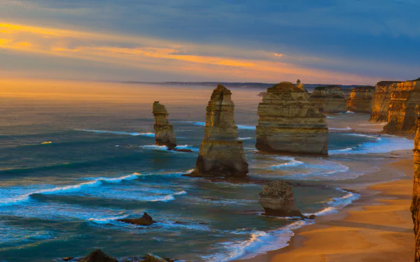 sunset coastline ocean sea Australia Victoria (Australia) limestone stacks nature The Twelve Apostles HD Desktop Wallpaper | Background Image