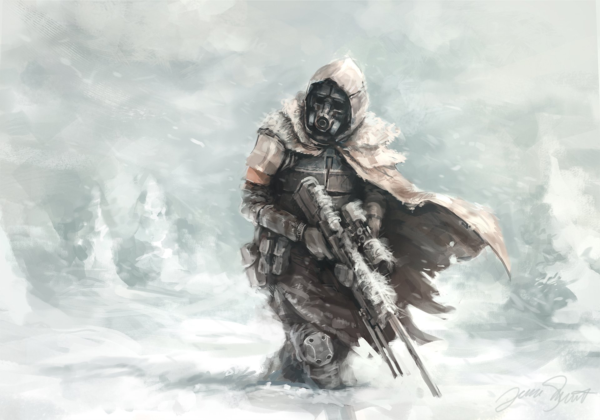 A sci-fi warrior in a snowy landscape carries a sniper rifle, dressed in a heavy cloak and gear, showcasing a striking and atmospheric HD desktop wallpaper.