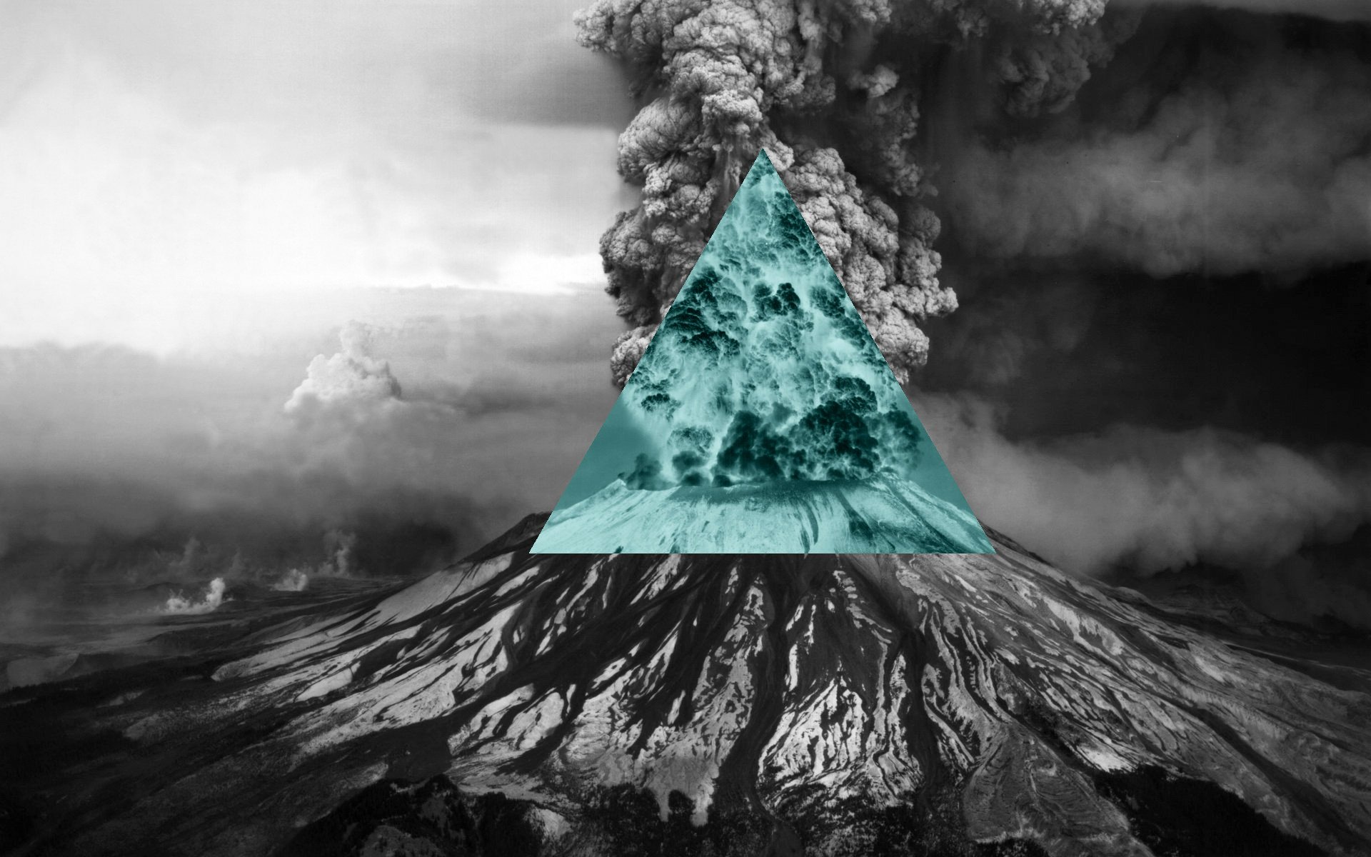 Artistic polyscape HD PC desktop wallpaper and background showing a black-and-white erupting volcano with a teal translucent triangle overlay and dramatic ash plume.