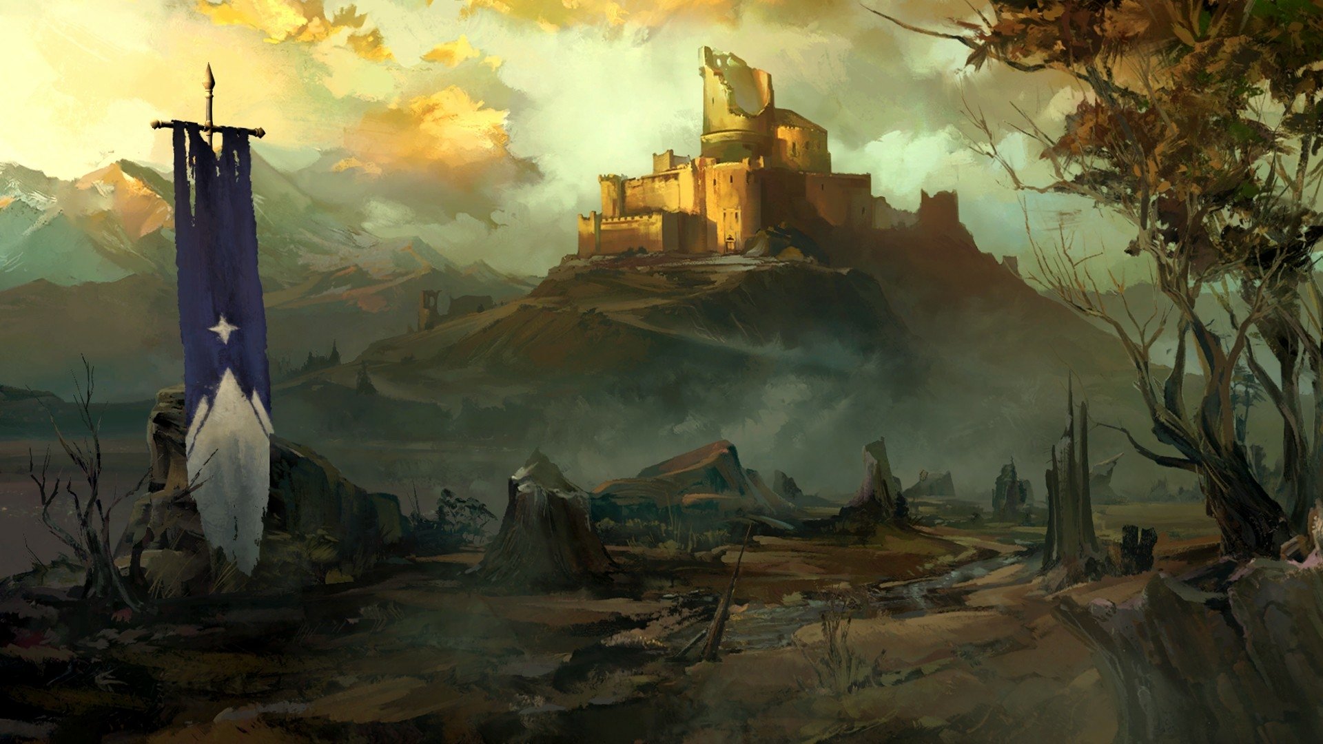 A dramatic landscape featuring a distant castle and a tattered banner against a moody sky, inspired by the world of Game of Thrones, serves as a stunning HD PC desktop wallpaper.
