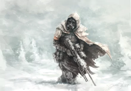A sci-fi warrior in a snowy landscape carries a sniper rifle, dressed in a heavy cloak and gear, showcasing a striking and atmospheric HD desktop wallpaper.