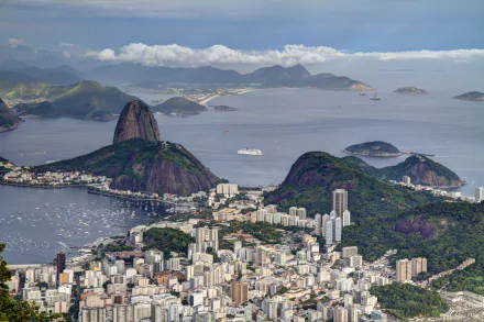 5K Ultra HD PC desktop wallpaper of Rio de Janeiro, Brazil: Botafogo coastline and beach with Sugarloaf, harbor and dense man-made cityscape beneath a blue sky.