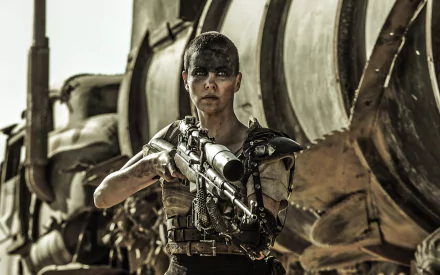 Imperator Furiosa, portrayed by Charlize Theron, stands ready for battle in this HD desktop wallpaper from the movie Mad Max: Fury Road, exuding strength and determination.