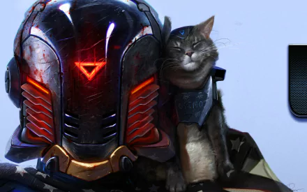 HD desktop wallpaper featuring a cat with a warrior helmet, projecting a futuristic warrior vibe.