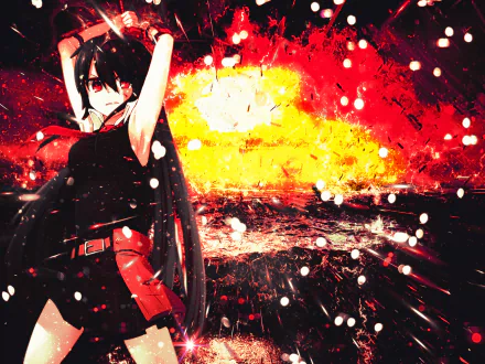 HD wallpaper featuring Akame from Akame ga Kill! against a fiery, dramatic background, showcasing her bold stance and vibrant colors. A striking anime desktop background.