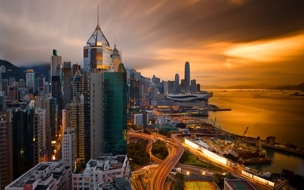 Man Made Hong Kong Cities China Sunset Victoria Harbour City Megapolis Building Architecture Light HD Wallpaper | Background Image