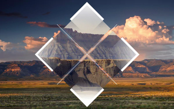 Artistic polyscape HD PC desktop wallpaper: a layered diamond geometric overlay revealing a sunlit plateau and mesas under dramatic clouds, warm sunset tones.