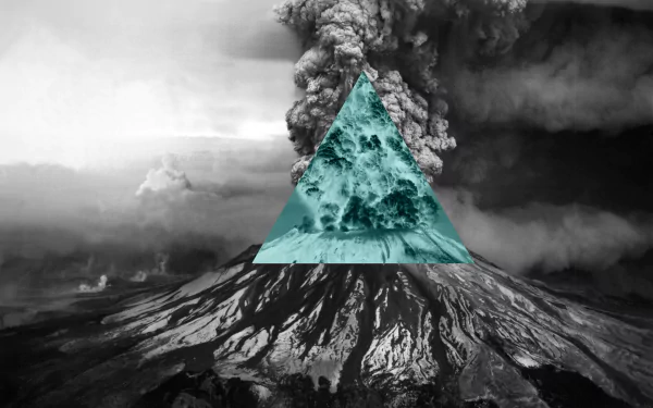 Artistic polyscape HD PC desktop wallpaper and background showing a black-and-white erupting volcano with a teal translucent triangle overlay and dramatic ash plume.