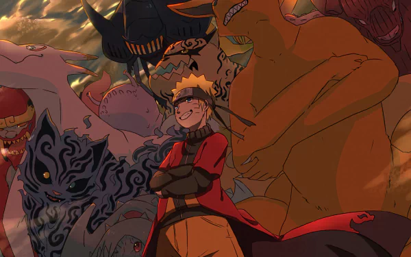 HD desktop wallpaper featuring Naruto Uzumaki and Kurama from the anime Naruto, set against a vivid, dynamic background.