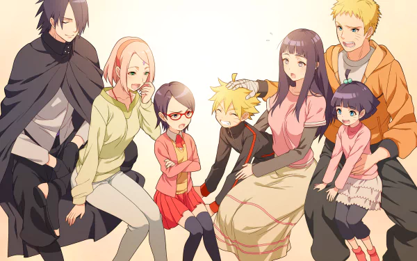 HD desktop wallpaper featuring characters from Boruto: Naruto the Movie, including Naruto Uzumaki, Sasuke Uchiha, Sakura Haruno, Hinata Hyuga, Boruto Uzumaki, Sarada Uchiha, and Himawari Uzumaki.