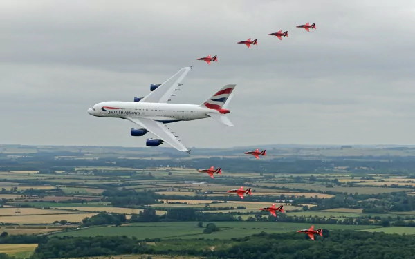 An Airbus A380 flies through the sky, accompanied by a formation of red jet planes. This striking image serves as a stunning HD desktop wallpaper.