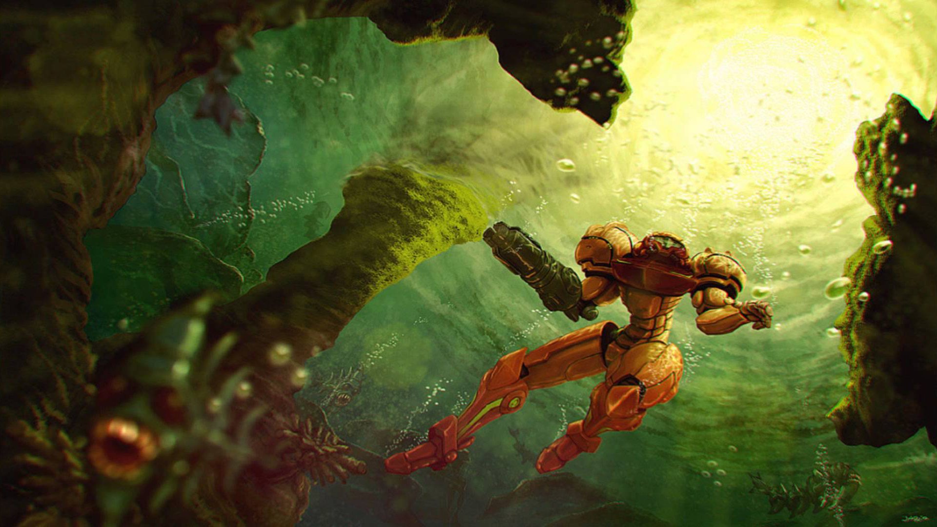 HD PC desktop wallpaper featuring a vibrant underwater scene from the video game Super Metroid, showcasing the protagonist navigating a mysterious cavern.