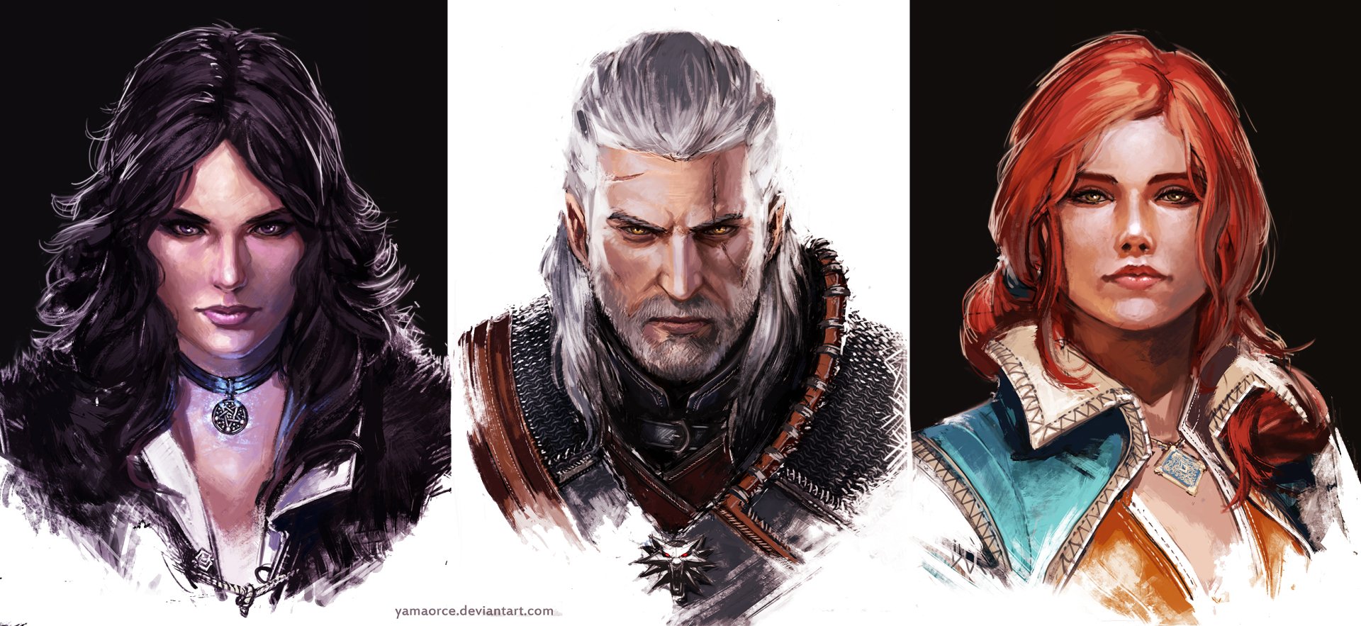 HD desktop wallpaper featuring Yennefer of Vengerberg, Geralt of Rivia, and Triss Merigold from the video game The Witcher 3: Wild Hunt.