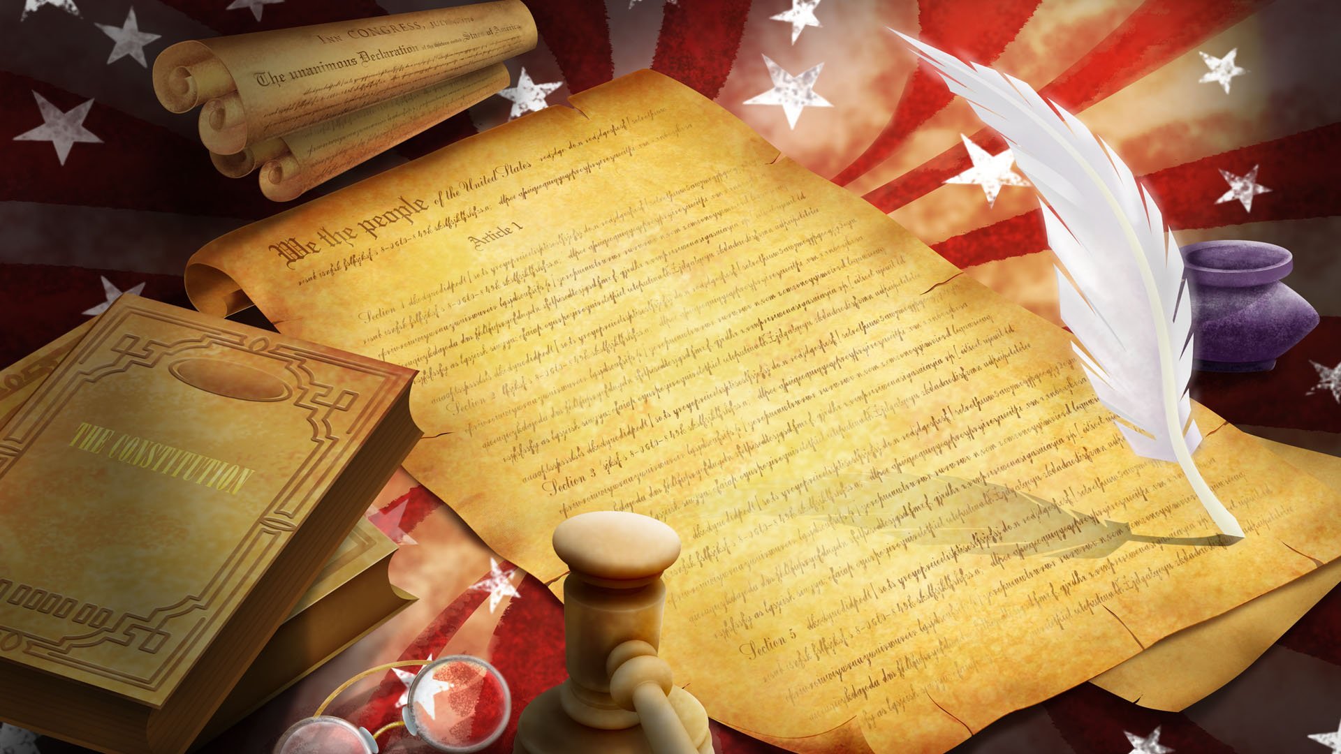 HD 4th of July desktop wallpaper featuring the Declaration of Independence with a quill, scrolls, and patriotic red, white, and blue star-spangled background.