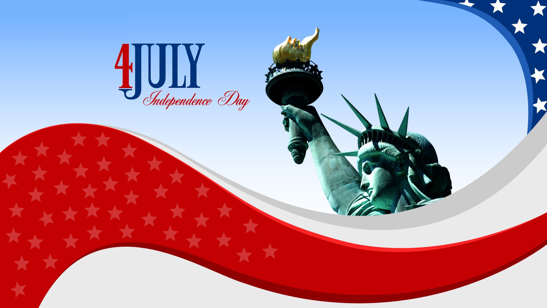 HD 4th of July desktop wallpaper featuring the Statue of Liberty against a blue sky with red and white patriotic wave patterns and stars.