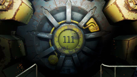 HD wallpaper and background featuring Vault 111 entrance door from Fallout 4 video game. Rusted and industrial aesthetic with yellow accents, creating an immersive atmosphere.