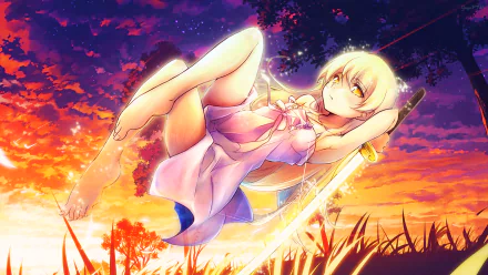A vibrant anime wallpaper featuring Shinobu Oshino from the Monogatari Series: Second Season, characterized by her striking yellow eyes, blonde hair, and a serene sunset background.