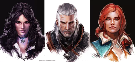 HD desktop wallpaper featuring Yennefer of Vengerberg, Geralt of Rivia, and Triss Merigold from the video game The Witcher 3: Wild Hunt.