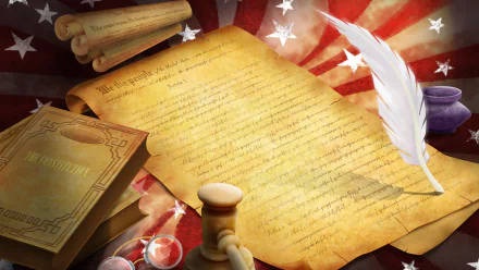 HD 4th of July desktop wallpaper featuring the Declaration of Independence with a quill, scrolls, and patriotic red, white, and blue star-spangled background.