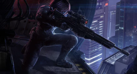 Sci-fi warrior in advanced armor aims a sniper rifle from a rooftop at night, set against a futuristic cityscape—vivid HD PC desktop wallpaper and background.