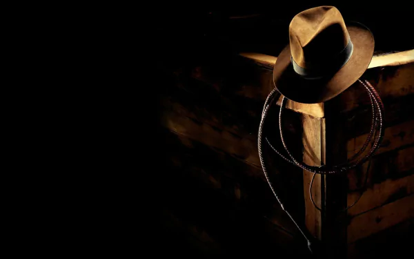 HD PC desktop wallpaper featuring iconic hat and whip from the video game Indiana Jones and the Fate of Atlantis against a dark background.