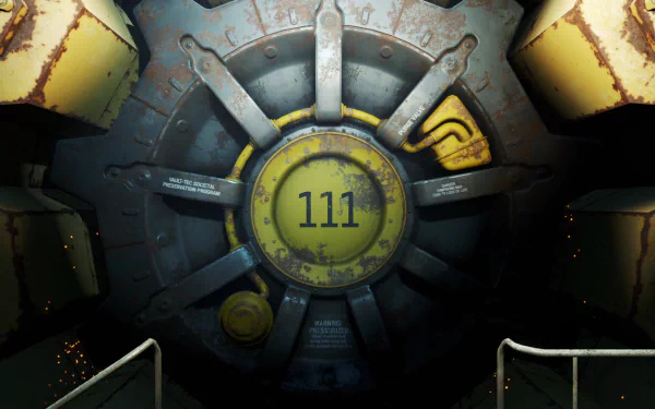 HD wallpaper and background featuring Vault 111 entrance door from Fallout 4 video game. Rusted and industrial aesthetic with yellow accents, creating an immersive atmosphere.