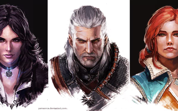 HD desktop wallpaper featuring Yennefer of Vengerberg, Geralt of Rivia, and Triss Merigold from the video game The Witcher 3: Wild Hunt.