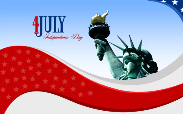 HD 4th of July desktop wallpaper featuring the Statue of Liberty against a blue sky with red and white patriotic wave patterns and stars.