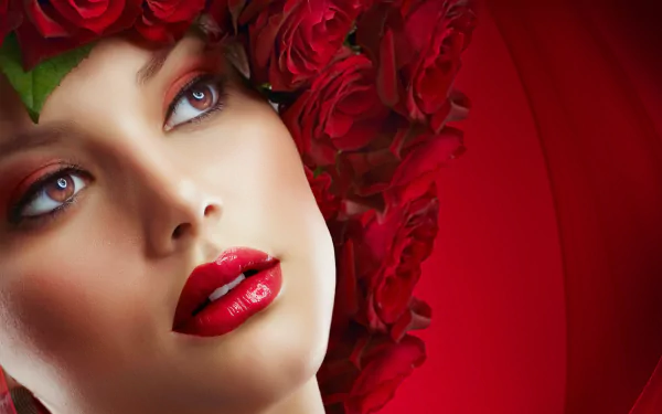 HD desktop wallpaper featuring a close-up of a woman with dramatic makeup and a crown of red roses, set against a vibrant red background.