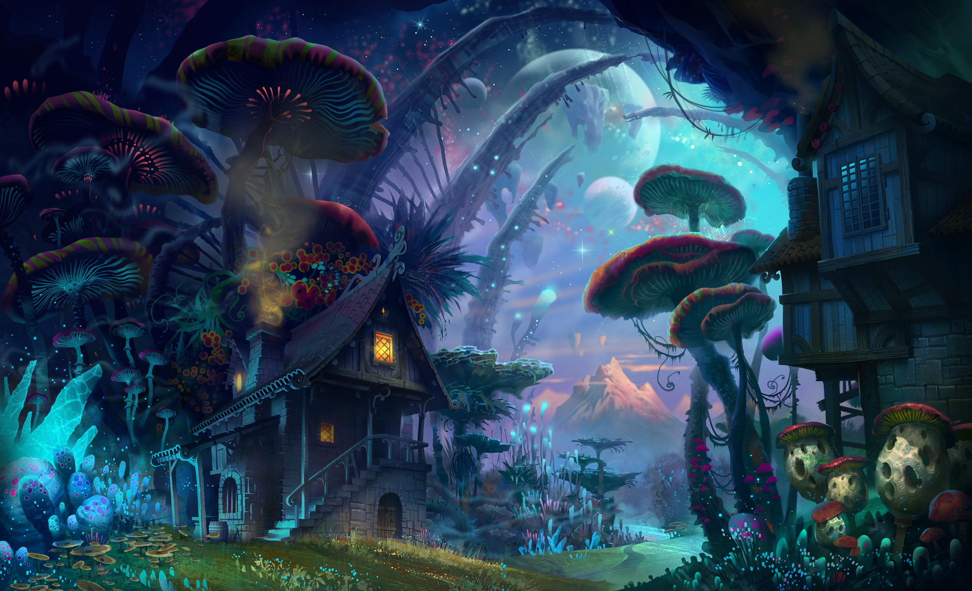 HD desktop wallpaper of a fantasy landscape featuring a whimsical house surrounded by giant mushrooms, vibrant flowers, and a scenic moonlit sky.