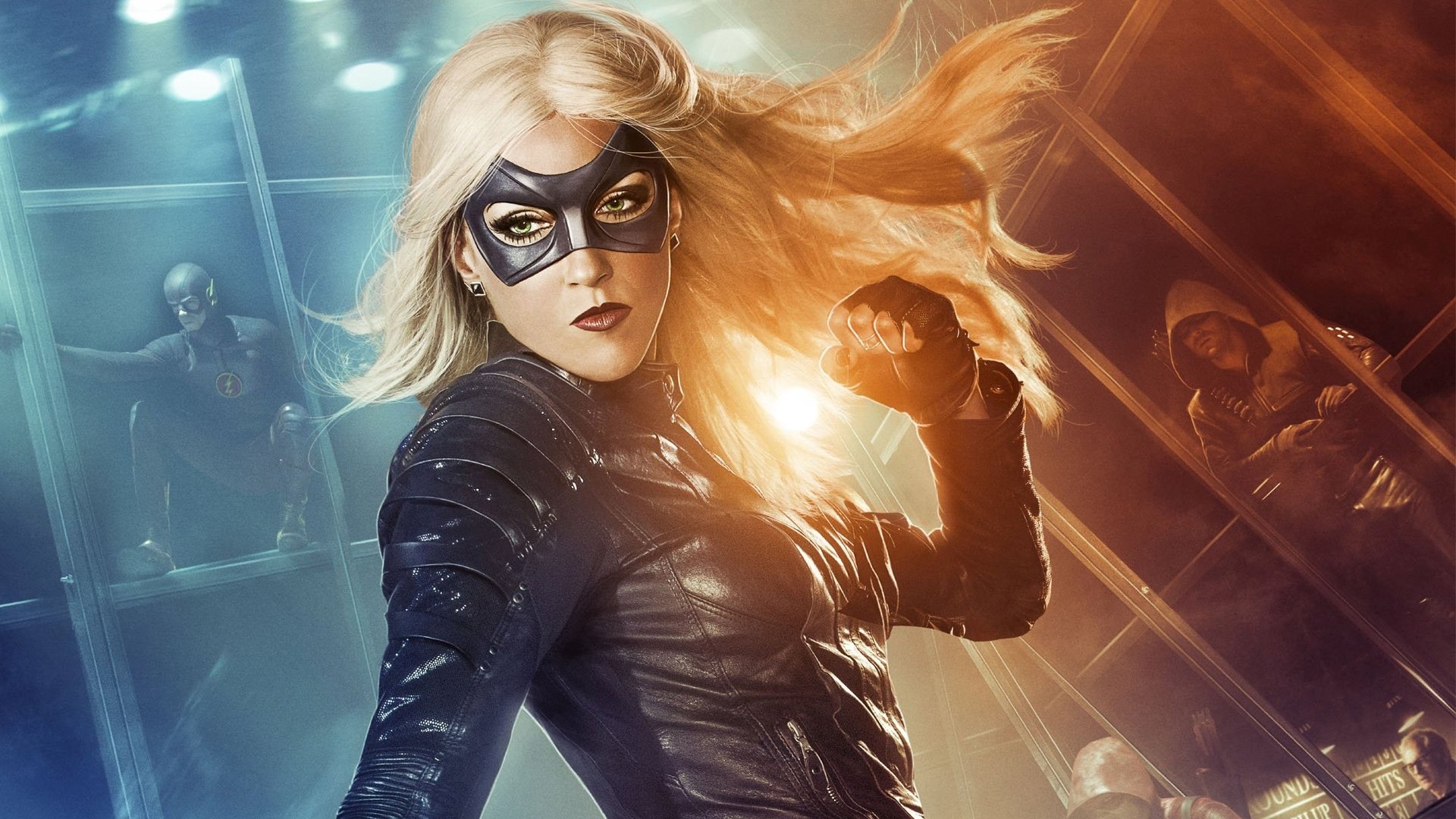 HD wallpaper featuring Black Canary from the TV show Arrow, showcasing her striking costume and fierce expression, with elements of the Flash universe in the background.