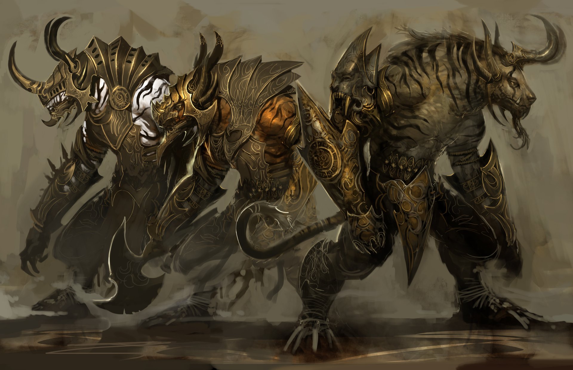 4K Ultra HD Guild Wars 2 PC wallpaper featuring a fierce, armored creature with multiple horns and a dynamic, battle-ready pose in a dark, smoky setting.
