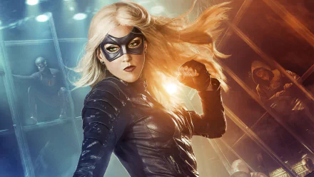 HD wallpaper featuring Black Canary from the TV show Arrow, showcasing her striking costume and fierce expression, with elements of the Flash universe in the background.