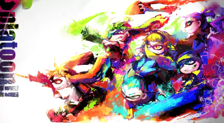 HD desktop wallpaper of Splatoon characters, including the Inkling and Squid Girl with vibrant splashes of ink and equipped with guns, in dynamic action poses.