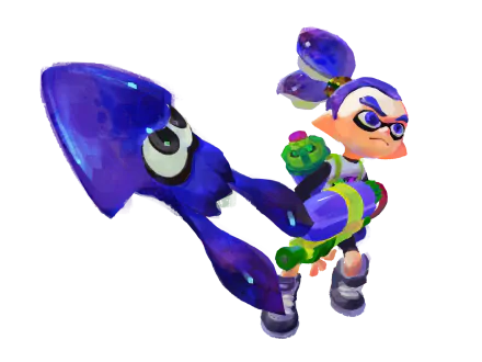 HD Splatoon-themed desktop wallpaper featuring a character with a splatter gun and a squid companion.