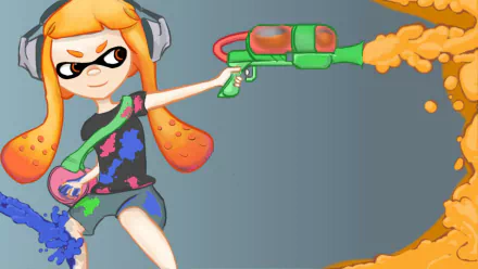 HD Splatoon-themed desktop wallpaper featuring an animated character with an ink gun on an orange splattered background.