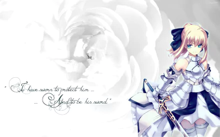 HD desktop wallpaper featuring Saber from Fate/Stay Night and Fate/Stay Night: Unlimited Blade Works. The image includes a white rose background, with Saber in armor, holding a sword, and a quote.