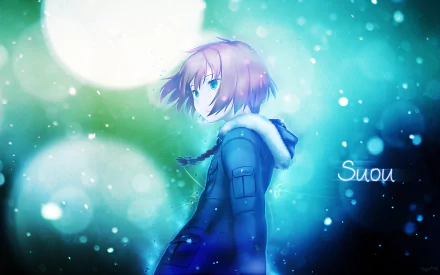 HD wallpaper featuring Suou Pavlichenko from *Darker than Black*, set against a dreamy, luminous background filled with soft blue and green hues.